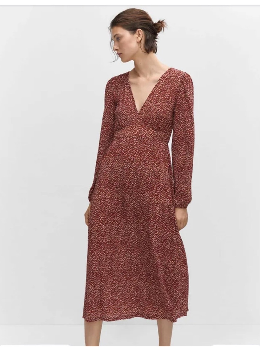 MANGO Women's Red Floral V-Neck Long Sleeve Midi Dress